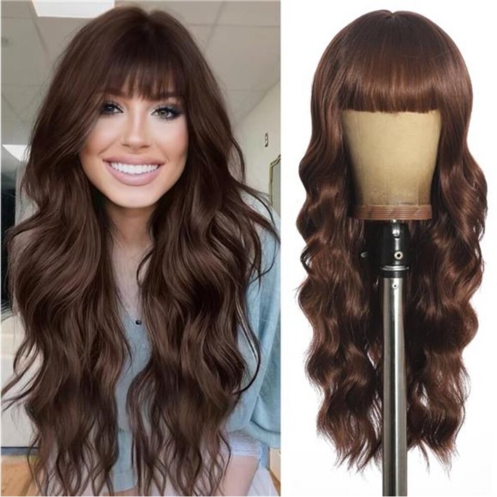 Brown Wig with Bangs Long Curly Wig for Women